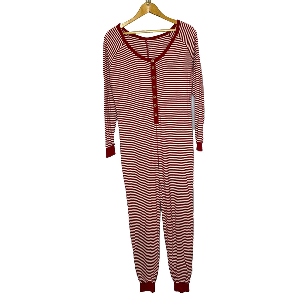 Women's Large Burts Bees Organic Cotton Red Stripe Pajama One Piece Button Front